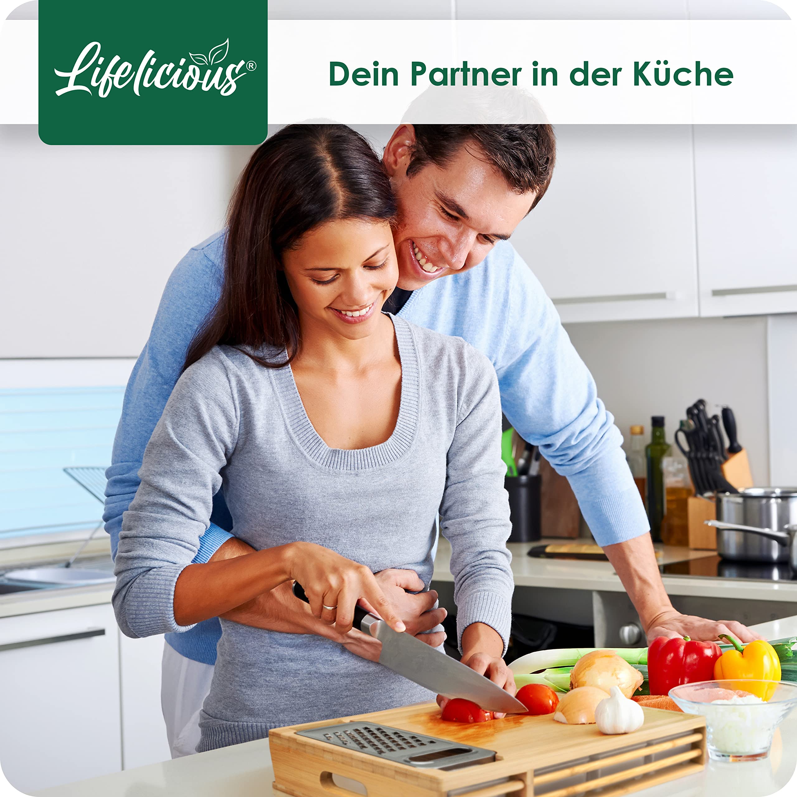 Premium Schneidebrett mit Auffangschalen [inkl. Edelstahlreibe] Spülmaschinenfeste Schalen aus Kunststoff - Großes multifunktionales Küchenbrett, Schneidebrett aus hellem Edelbambus-Holz