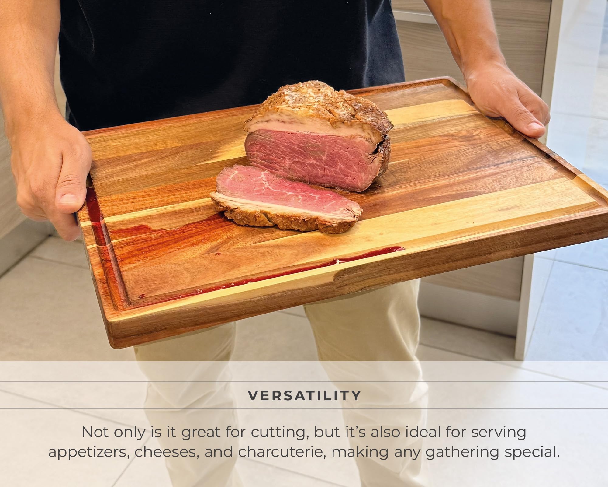 Tablas de cortar de madera de acacia de alta calidad para cocina, tabla de cortar de madera reversible con ranura para jugo, juego de tablas de cortar de madera extra grande y XL para carne, verduras,