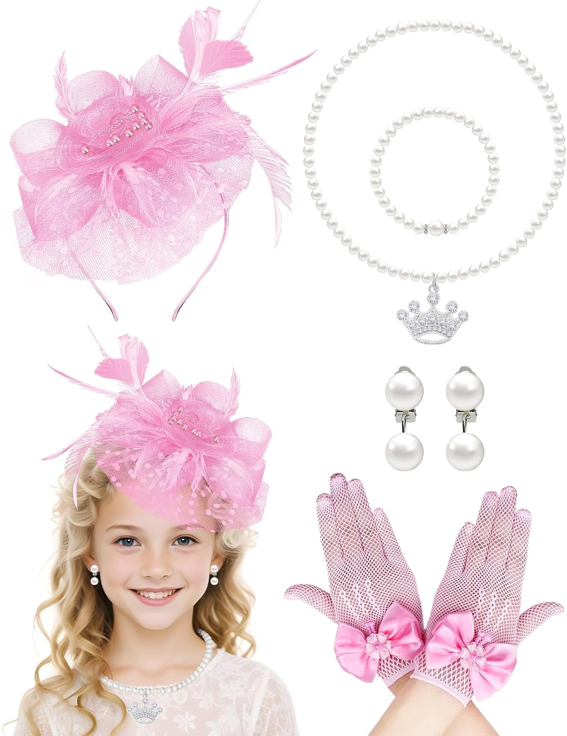 5Pcs Girls Tea Party Fascinators Hats Tea Party Headband and Lace Glove Set for Girls 1920s Party