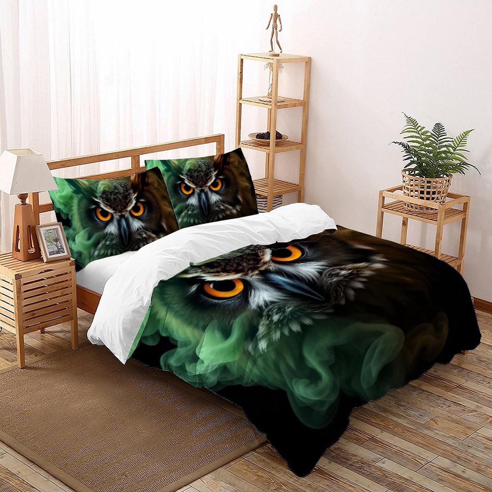 Parure de lit hibou avec housse de couette 200x200 et taie d'oreiller animaux 3D