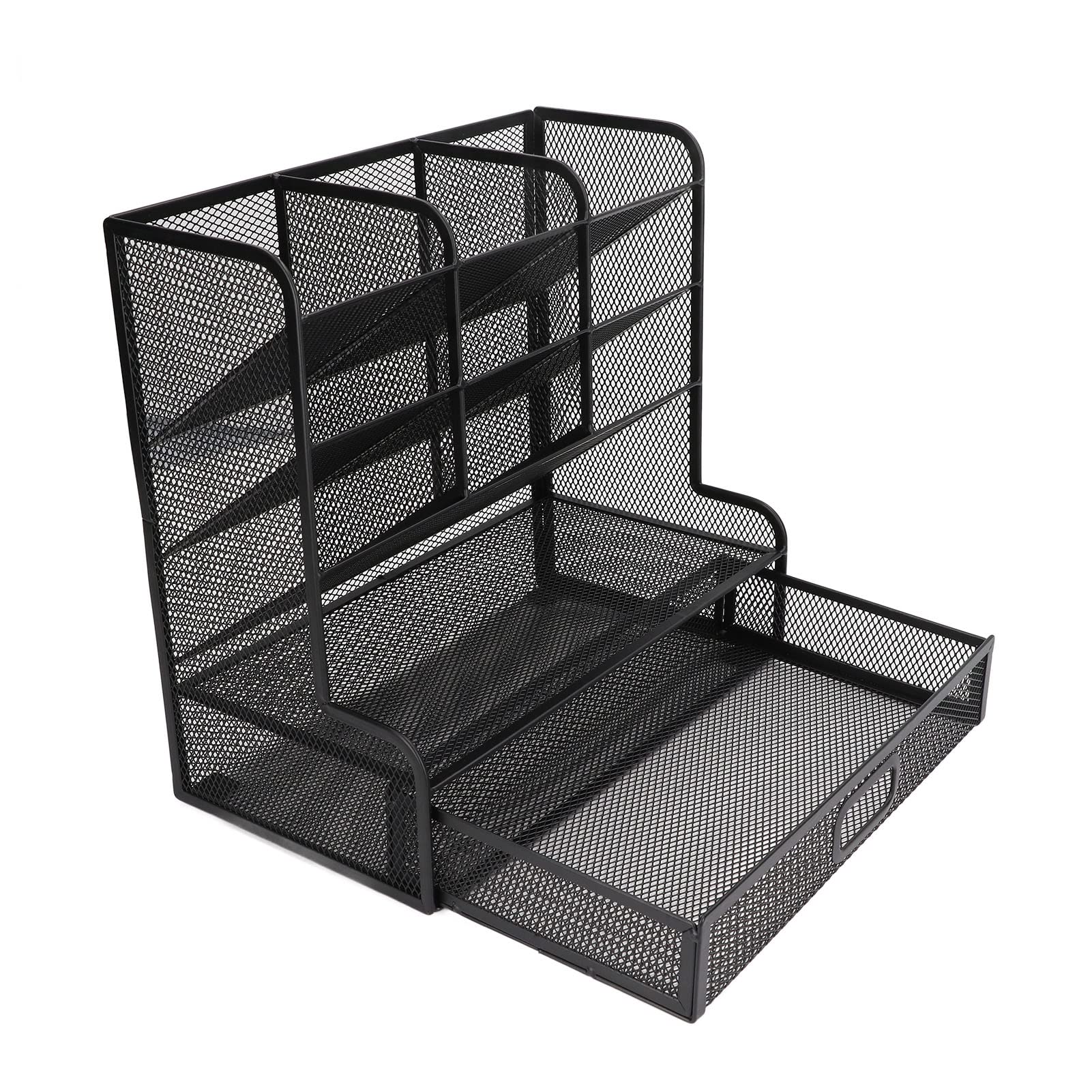Organizer da scrivania in rete, design inclinabile 9 scomparti Cassetto inferiore Organizer da scrivania per ufficio Caddy stazionario in metallo Portapenne in rete con prospettiva