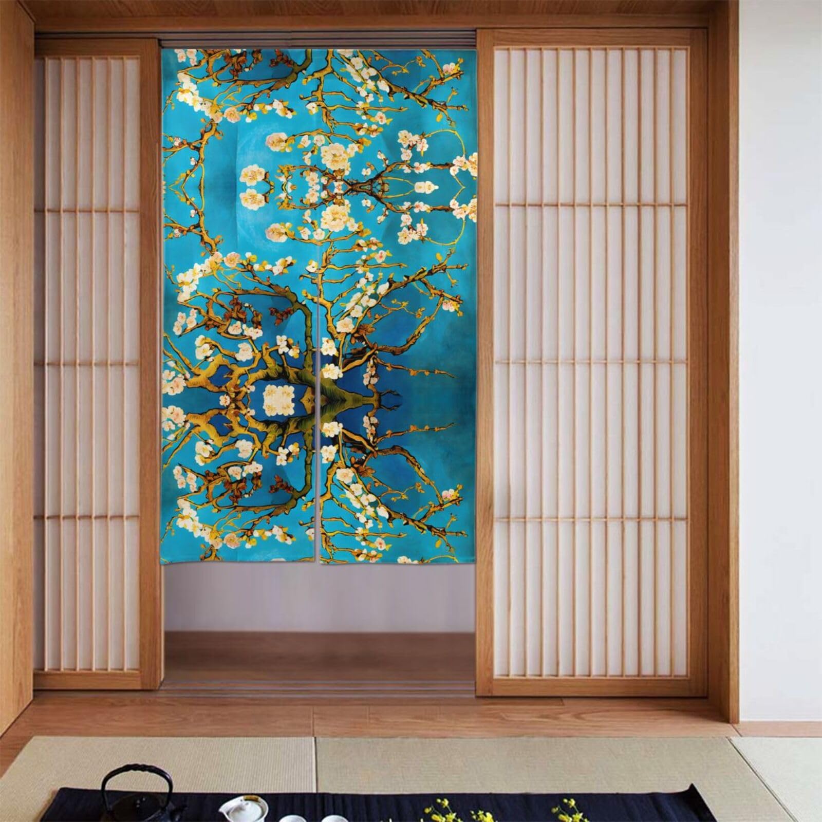BWPDPXFJ Door Curtain Polyester 86x143cm Rod Pocket 2 Panel Room Divider Light Filtering Almond Blossom Print