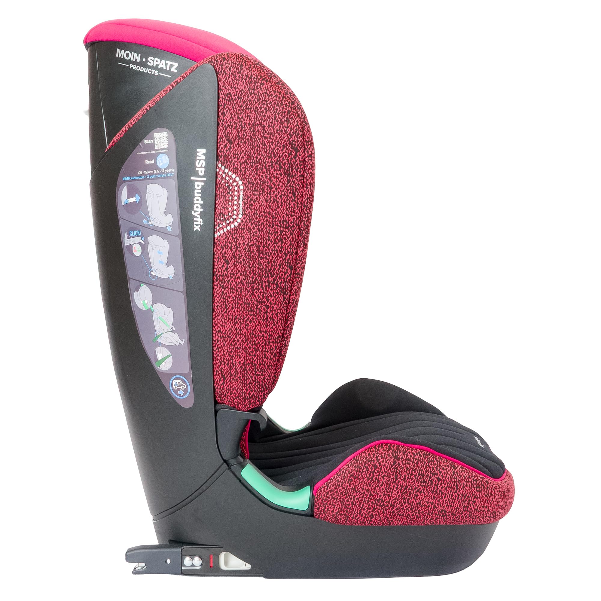 buddyfix Kindersitz 15-36 kg, 100-150 cm, ab 3 Jahre, Pink/Schwarz | Sitzerhöhung Auto Kinder mit Rückenlehne, für Autos mit und ohne Isofix, mitwachsend, UN R129, MSP, Moin Spatz Products