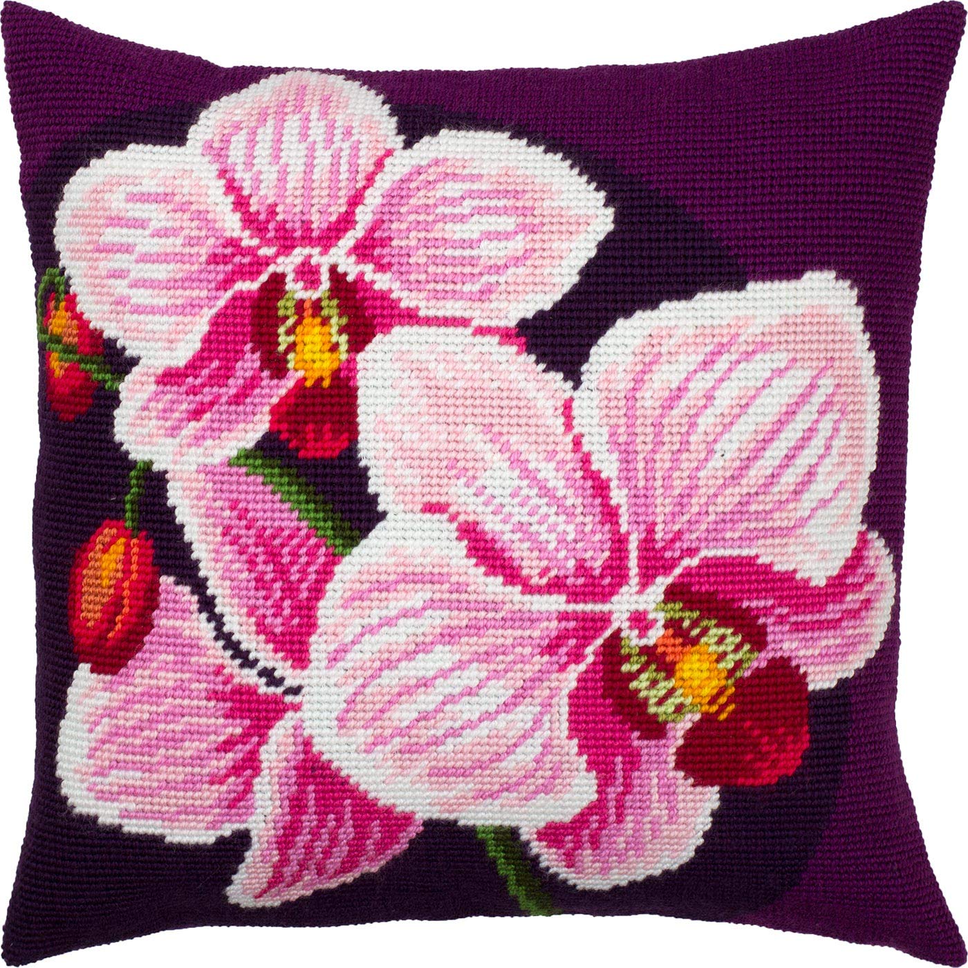 Pink Orchids. Kit de punto de aguja. Almohada de 40 x 40 cm. Lienzo impreso para tapiz, calidad europea