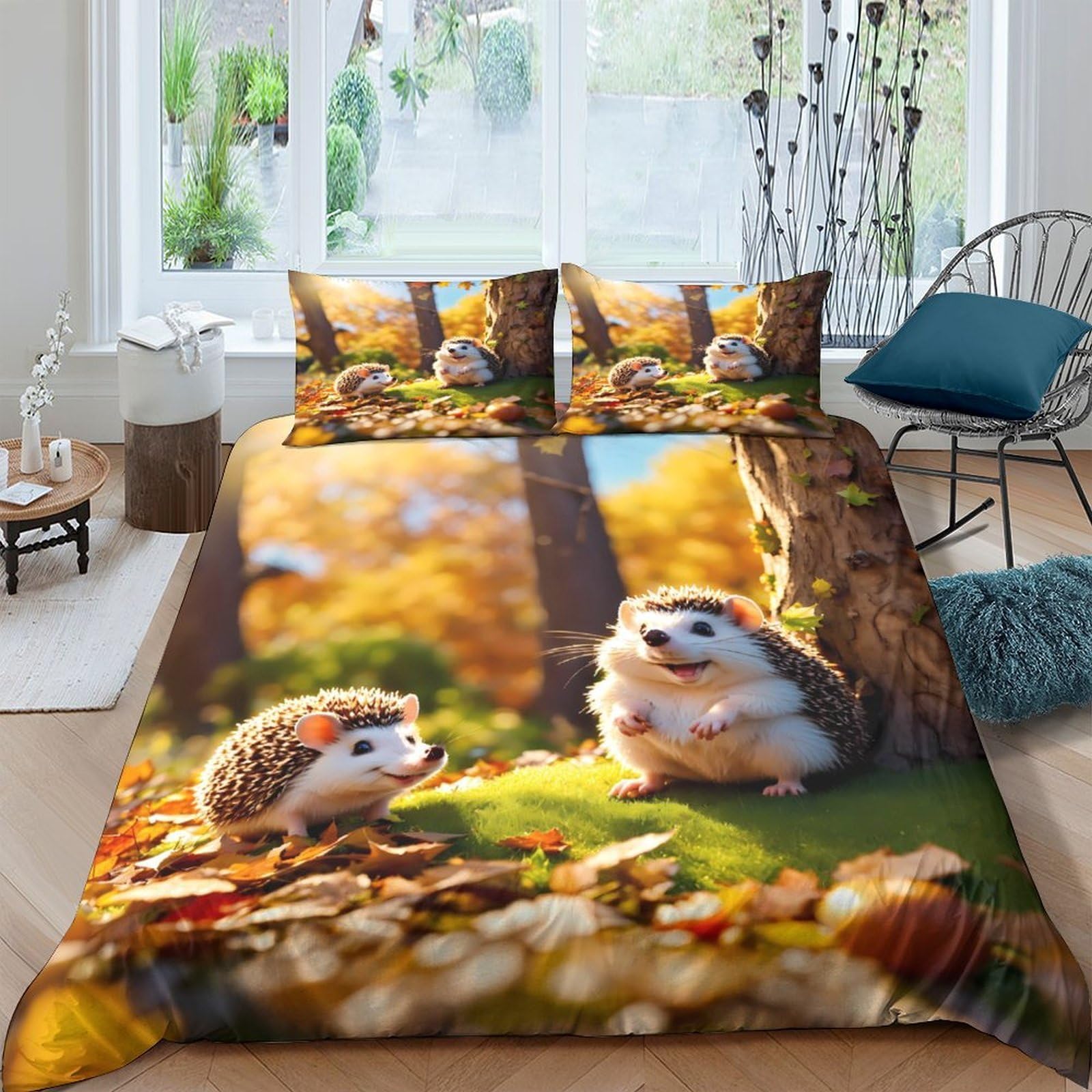 Ctjqhvkz Style-3 3D Printed Autumn Hedgehog Fitted Sheet Microfiber Soft Anti-Slip Woodland Bed Cover Bedroom Dorm Decor Easy Care Single（135X200cm）