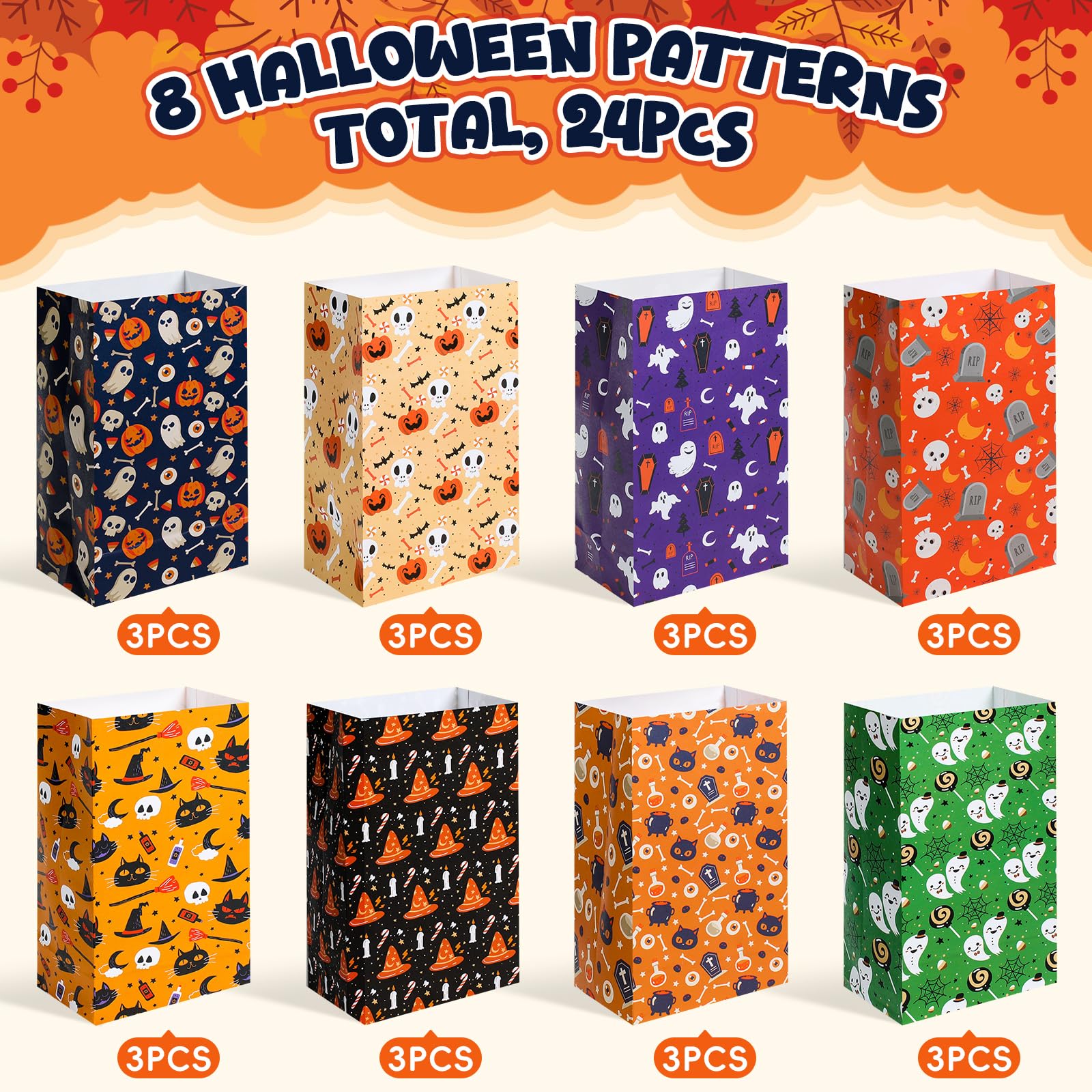 RICEDUO 24 Stück Halloween Süßigkeit Taschen mit 30 Aufklebern – 8 Motive Geschenkbeutel für Kinder mit Füllmaterial, Kraftpapier-Goodie-Bags für Partys – Partyzubehör