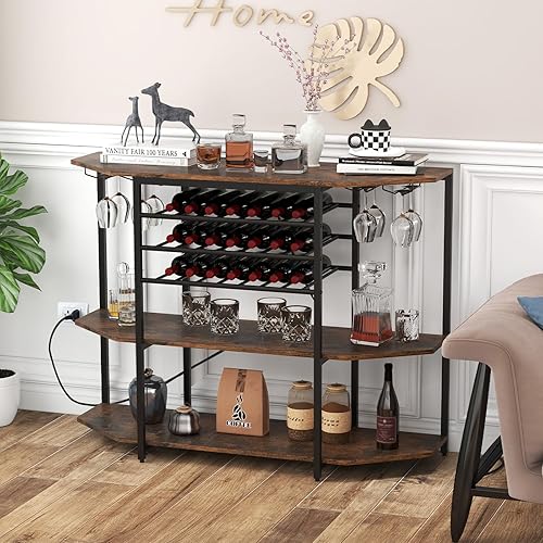 Miniatura 9 de COSTWAY Armario para bar de vinos, gabinete de licor de 3 niveles con tomas de corriente, estantes para botellas de vino, soportes de vidrio,