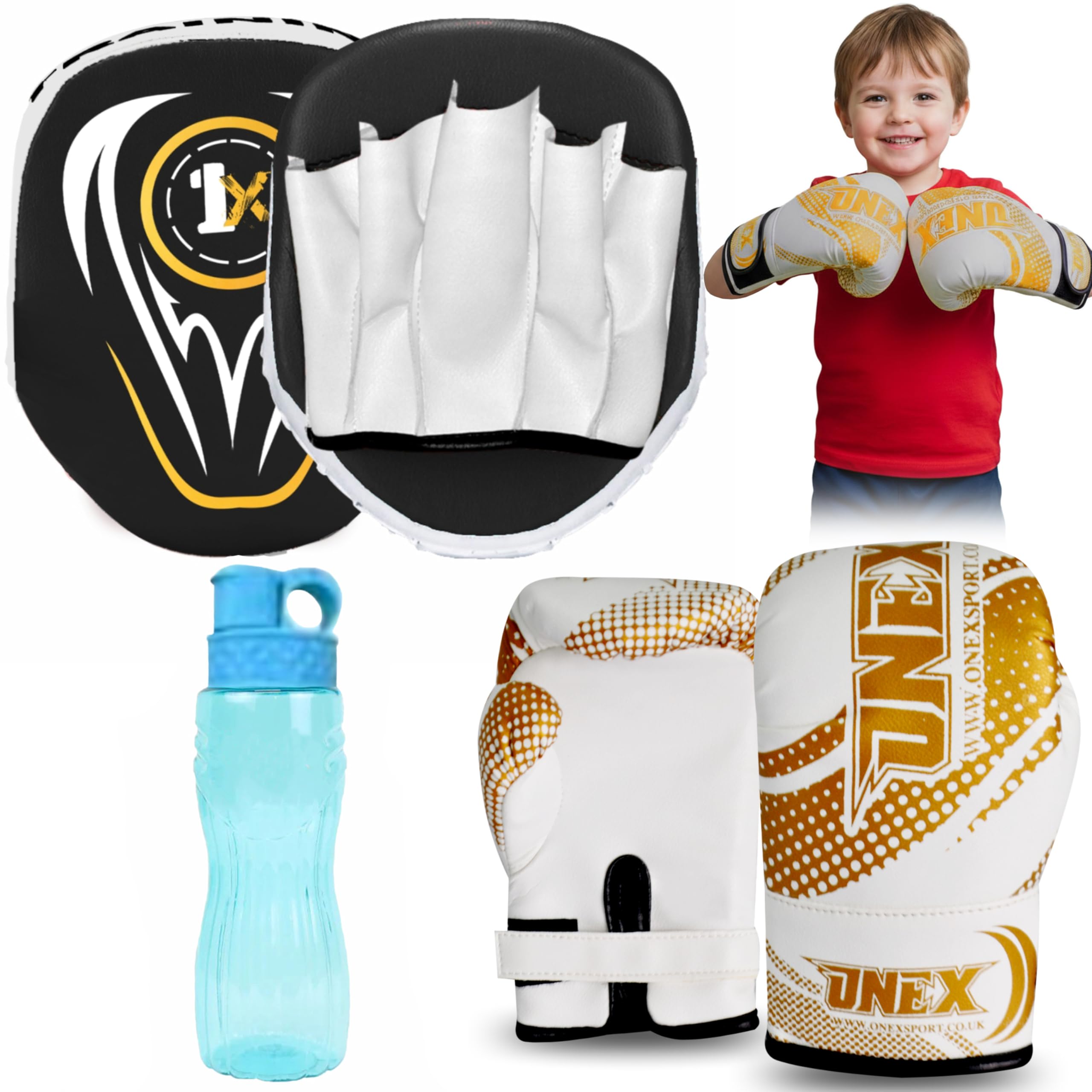 ONEX Boxing Gloves and Pads Kids Boxing Set for Kickboxing & MMA Muay Thai Punching Glove Flat Boxing Pads With Water Bottle Martial Arts Training for Kids and Junior (GOLD, 2oz)