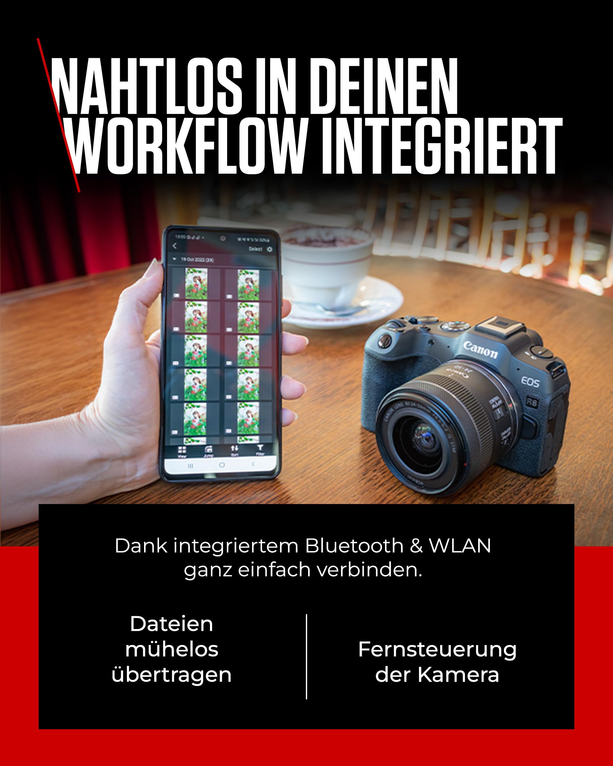 Canon EOS R8 Gehäuse 24,2 MP Vollformat-Systemkamera Dual Pixel CMOS AF II 4K 60p 40 B/s Touchdisplay WLAN Bluetooth USB-C