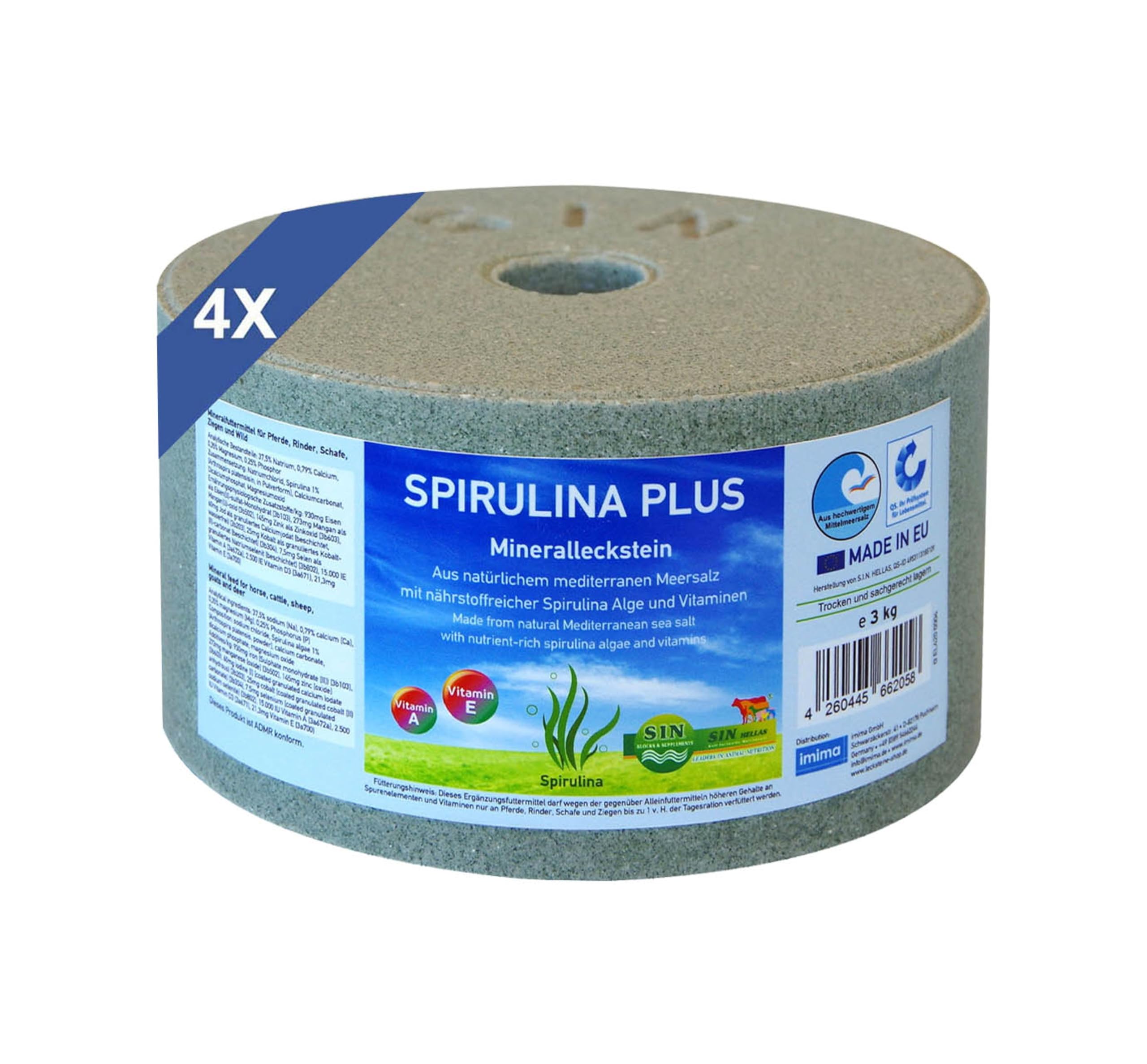 Pietra di sale per cavalli SPIRULINA Plus Set 4 x 3 kg – cibo minerale per cavalli con spirulina a base di sale marino senza melassa – Accessori per cavalli per supporto di pietre – Pietra