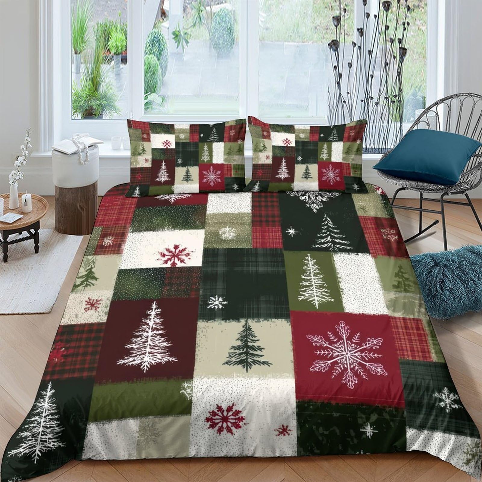 Ctjqhvkz Style-10 3D Printed Christmas Patchwork Fitted Sheet Microfiber Red Green Tree Snowflake Bed Cover For Bedroom Guestroom Single（135X200cm）