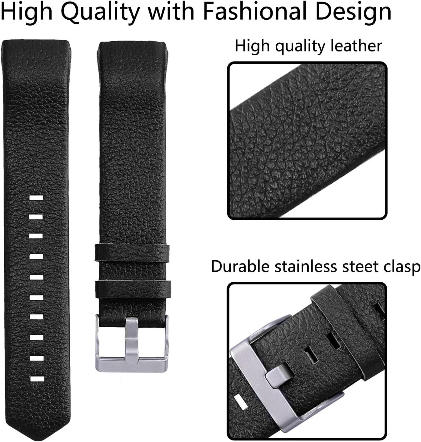 Henoda Replacement Bands Compatible with Fitbit Charge 2, Classic Genuine Leather Charge 2 Band Fitness Wristband for Women Men Small Large Black
