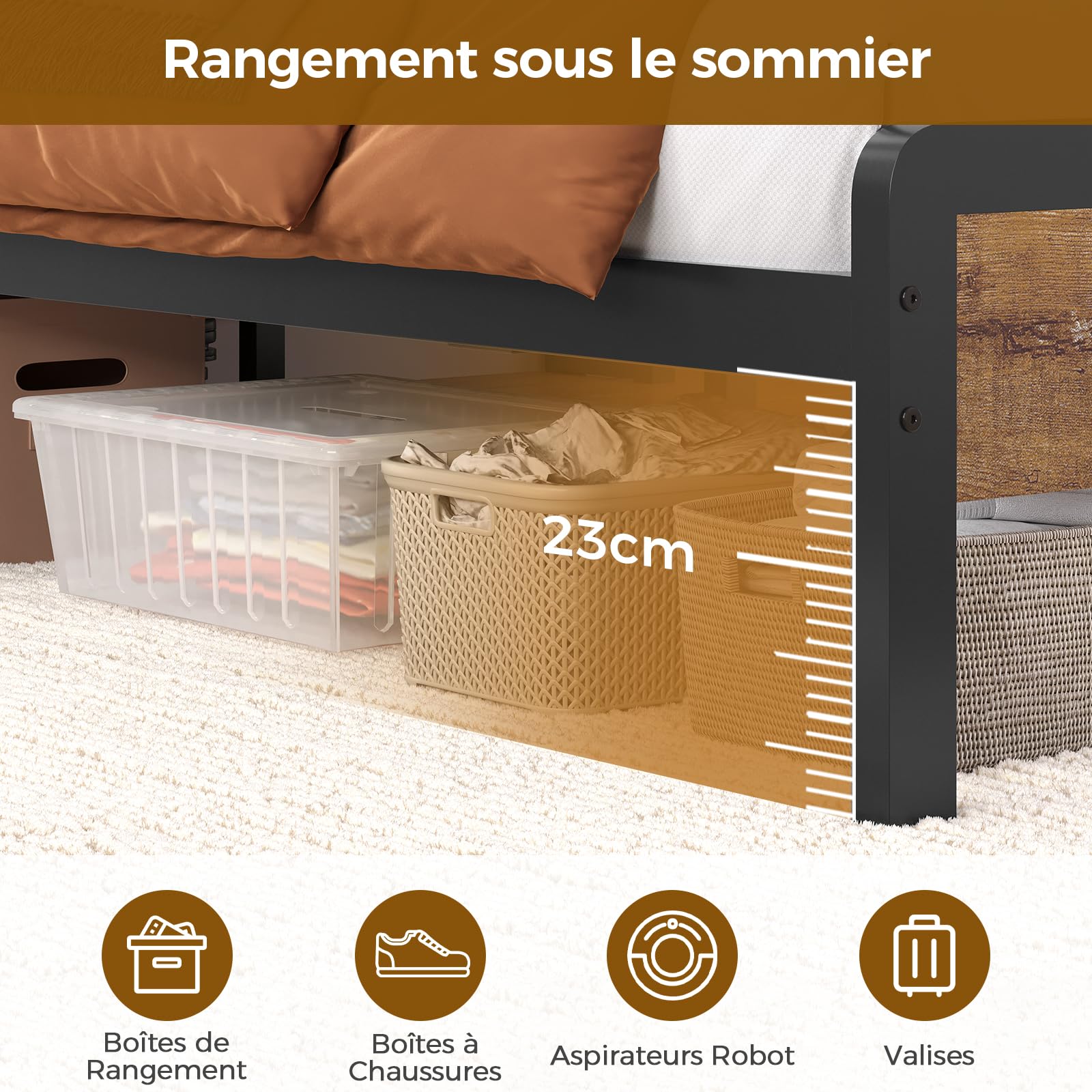 Lit 140x200 avec Sommier et Rangement, Cadre de Lit 140x200 en Métal avec Éclairage LED Réglable et Multiprise, Tête de Lits avec Panneau Perforé, Lits Double Style Industriel Marron Rustique