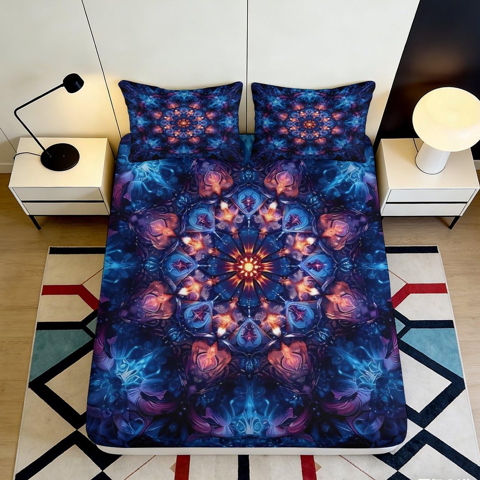 3D Printed Kaleidoscope Mandala Fitted Sheet Microfiber Soft Mattress Cover for Bedroom Guest Room Dorm Decor 160x200x25cm
