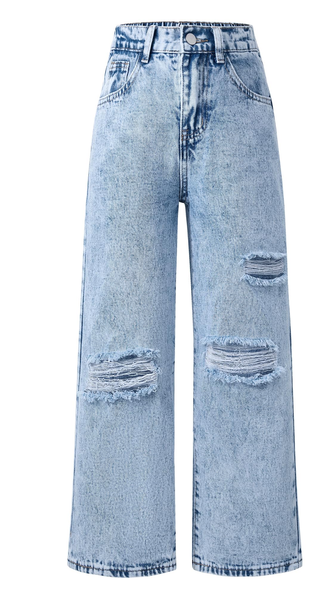 Happy Cherry Pantalones vaqueros anchos para niñas, pantalones rasgados de mezclilla de moda pantalones casuales de cintura alta elástica vintage azul con bolsillos para niñas de 5 a 14 años