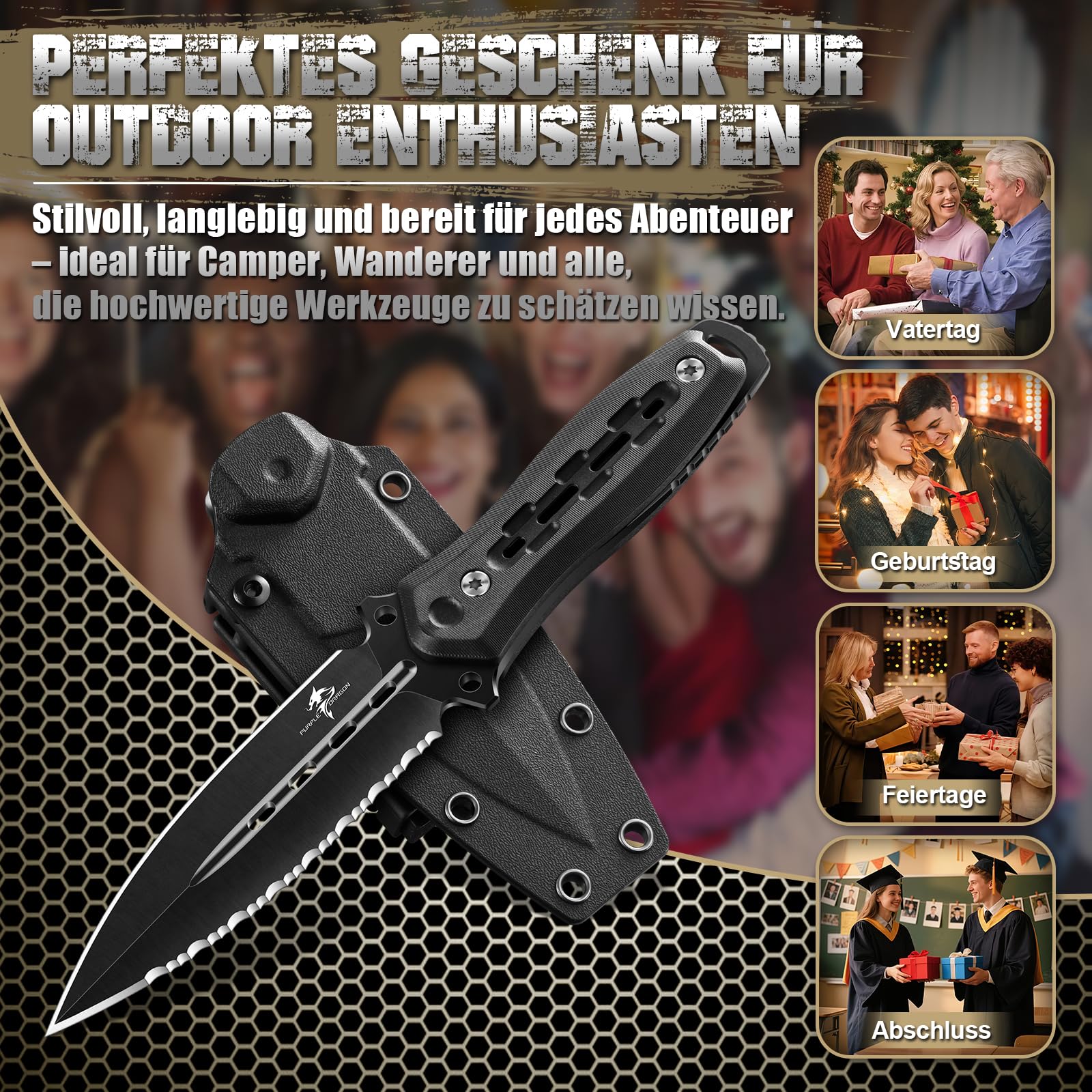 Purple Dragon Survival Messer mit Scheide - Jagdmesser Schwarz mit Feststehende Klinge - Outdoor Messer für Camping Jagd Wandern Abenteuer - Geschenk für Männer