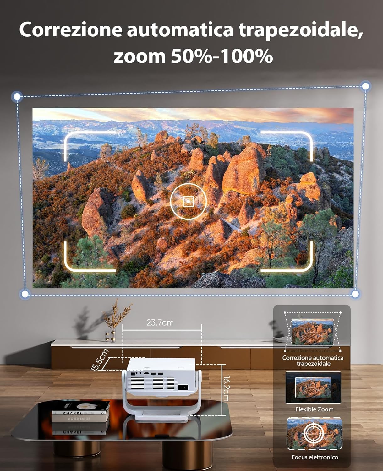 Proiettore intelligente Wielio Android 11, Supporto FHD 1080P 4K, 700ANSI, WiFi6 & BT5.2, Rumore < 29,8 dB, Supporto Regolabile a 120°, Elettrico Focus, Trapezio Automatico per Switch/PS5