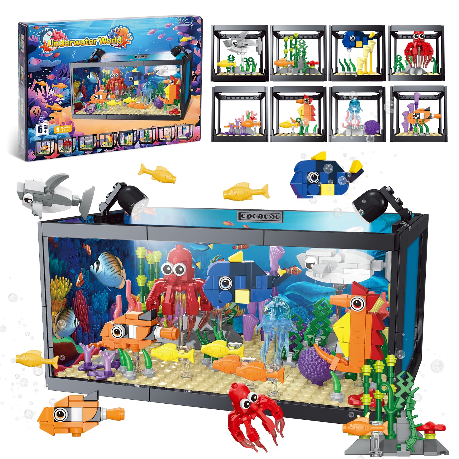 8-in-1 Aquarium Fish Tank Baustein mit LED Licht, einschließlich Meeresquallen, Fischen, Tierbauspielzeug, Geburtstag Weihnachten Geschenk für Erwachsene Kinder Jungen Mädchen ab 6 8 10 12+ Jahren