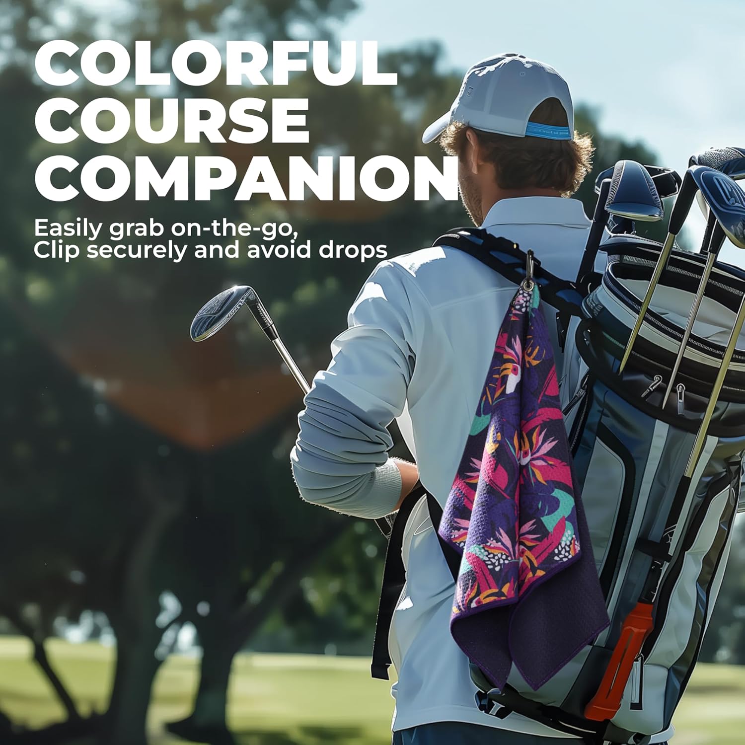 Tough Outdoors Golf Towel - 15"x 25" Microfiber Golf Bag Towel with Clip - Waffle Texture, High Absorbency, Tropical Purple - Image 2