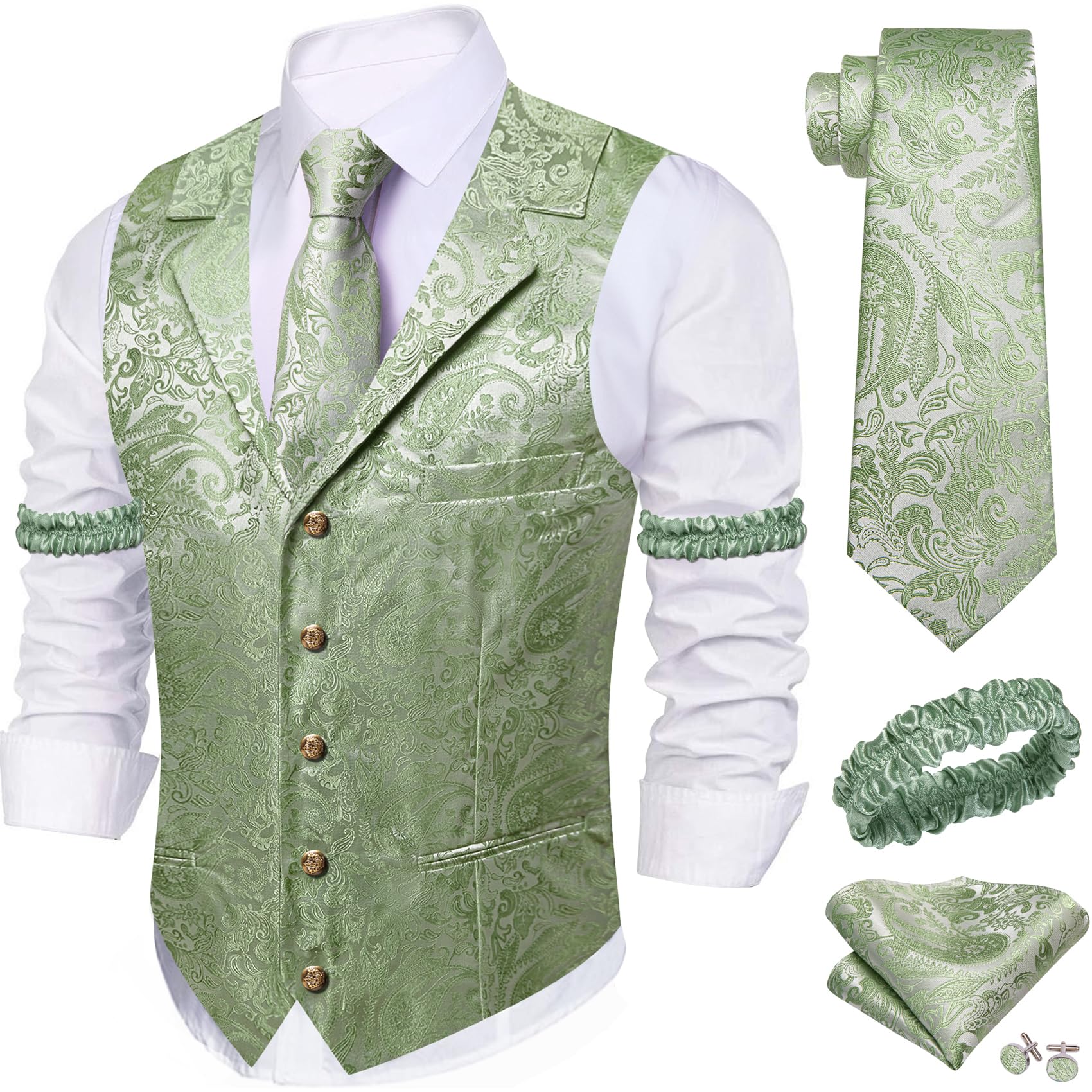 Barry.Wang Mens Silk Paisley/Floral Suit Vest Tie Sleeve Holder Set 5PCS