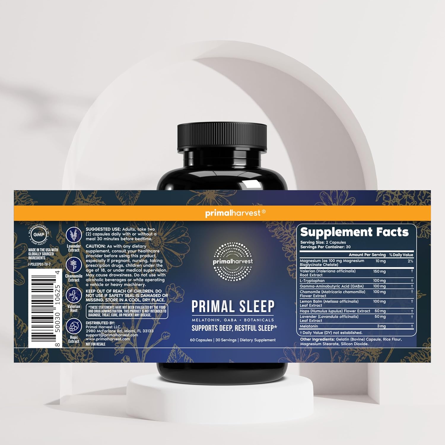 Primal Harvest Primal Sleep Support Supplement for Adults with Melatonin, GABA, Valerian Root, L-Tryptophan, Magnesium Bisglycinate Chelate, and Chamomile for Deep Restful Sleep - Image 4
