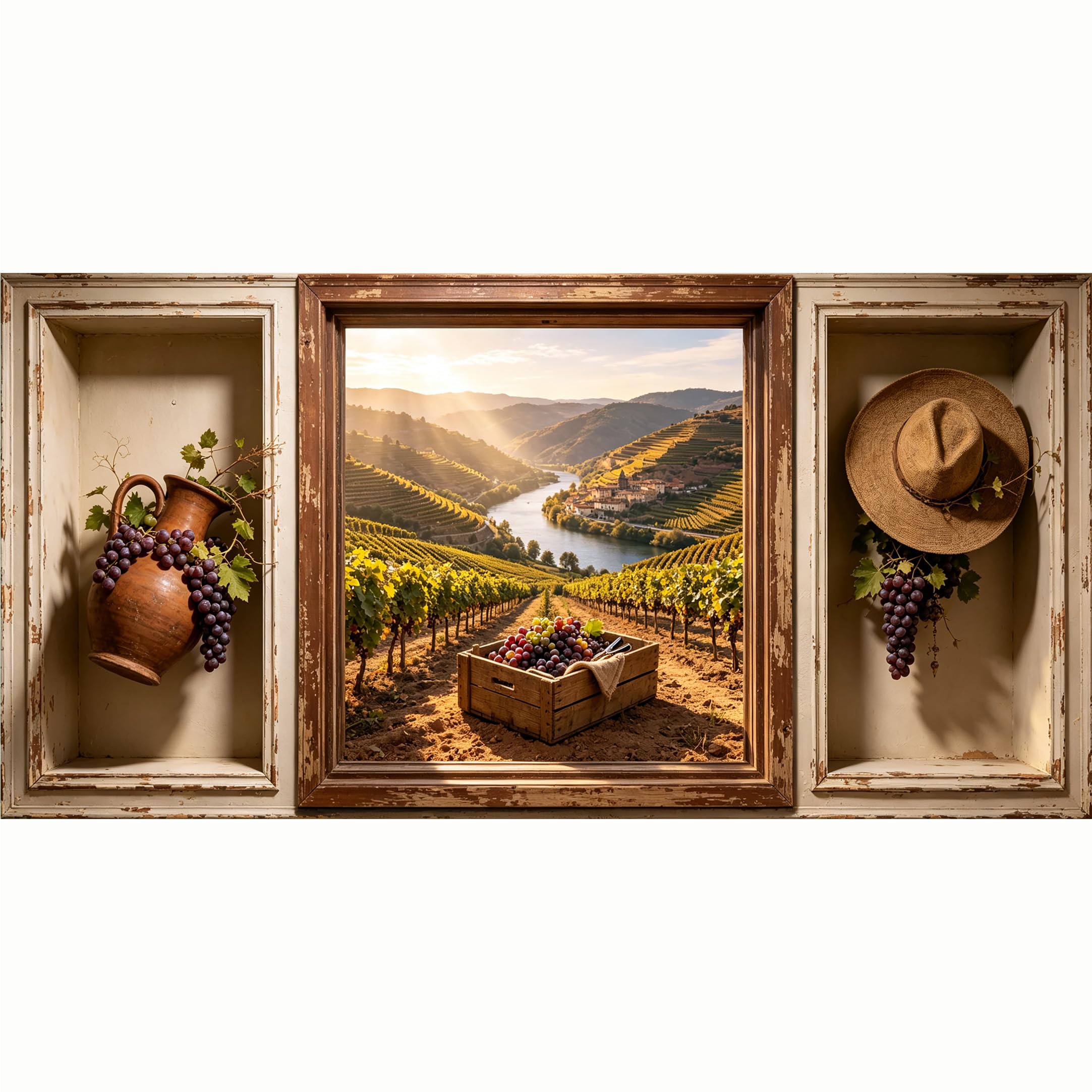 QZLITHOTIC 50x100cm 3D Framed Wall Art， Vineyard Landscape Grape Harvest Farmhouse Mural， Water‑Activated Peel & Stick Fabric Decor Wall Decal for Bedroom Living Room