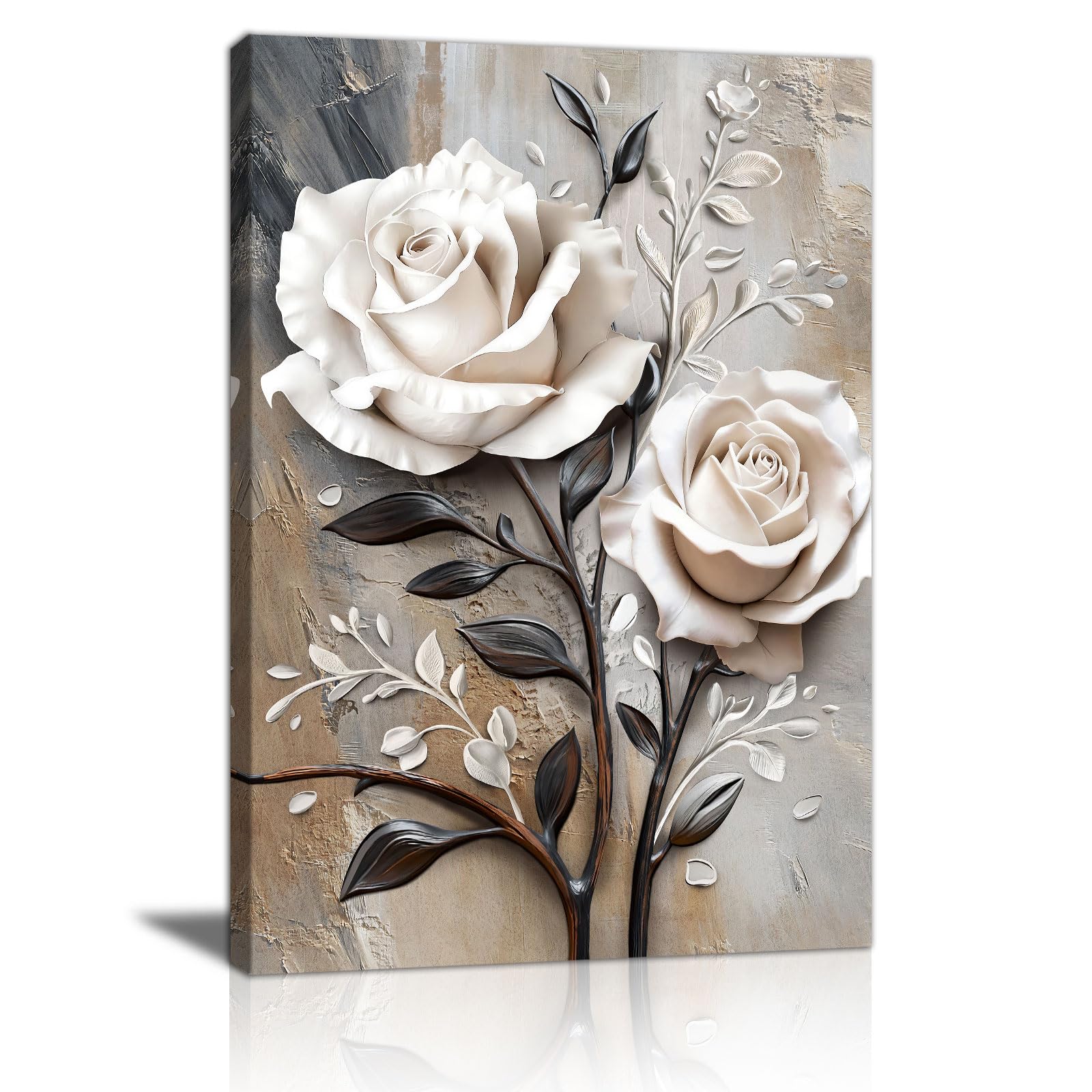 White Rose Flowers Canvas Wall Art Prints, Elegant Beige Rose Floral Wall Decor Picture White Blooming Flowers Plants Canvas Painting Artwork Home Decorate for Bathroom Living Room Bedroom 40X60cm