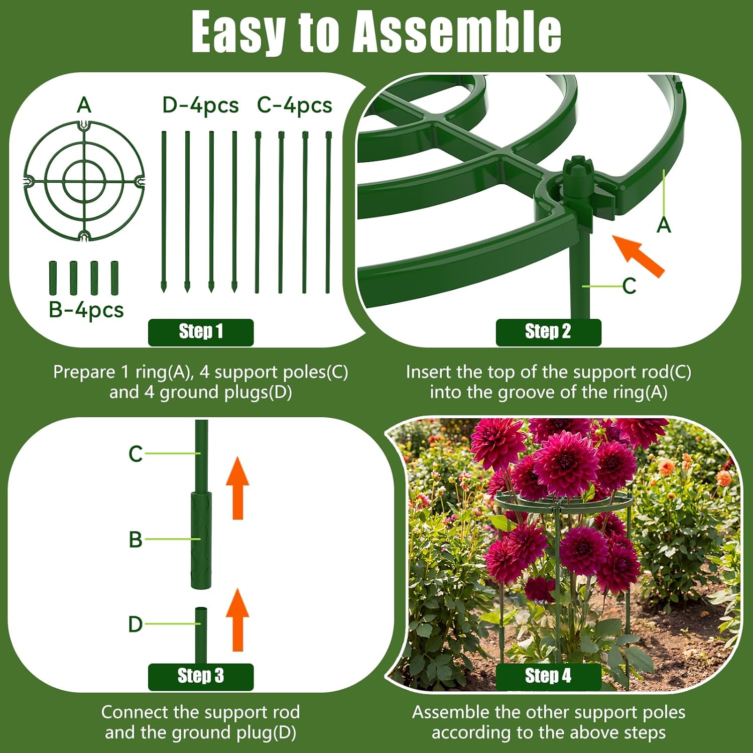 4 Pack Peony Cages and Supports, 11.8" D x 25" H Plant Supports for Outdoor Plants, Peony Support Cage Flower Support Rings, Plant Support Ring for Rose Tomato Hydrangea Strawberry
