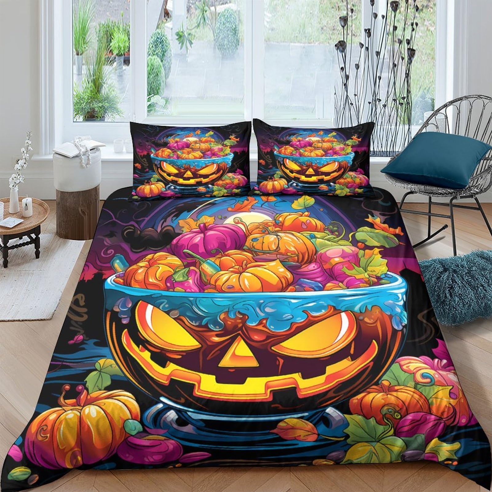 GPLZQXKJNH 3D Printed Halloween Pumpkin Duvet Cover Microfiber Soft Breathable Candy Pattern Bedding Set with 2 Pillowcases for Bedroom Decor Single（135x200cm）