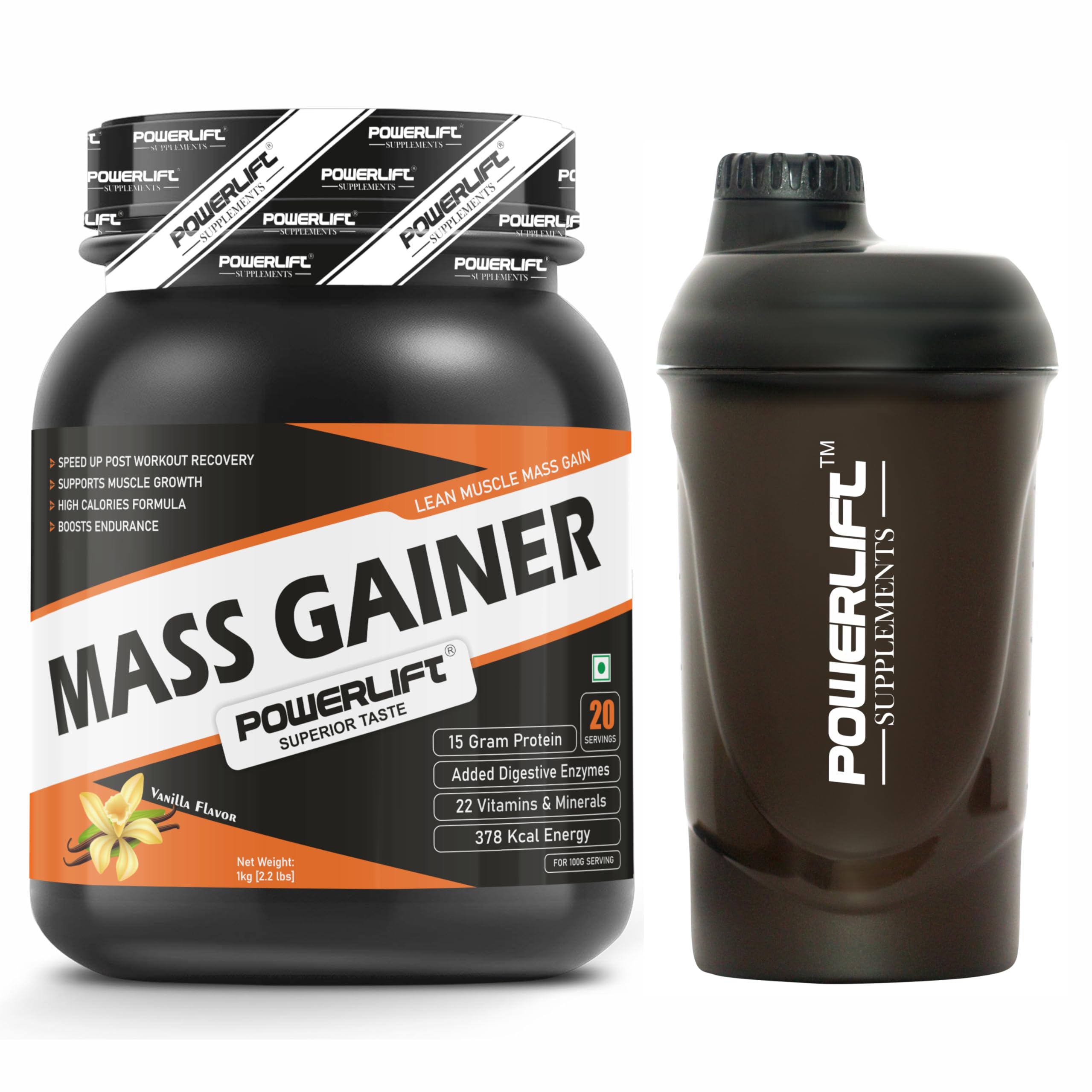 PowerLift Muscle Mass Gainer Protein Powder with Shaker (1kg Vanilla) High Protein Gainer For Muscles Gain | With Digezyme Blend, added Multivitamins & Minerals