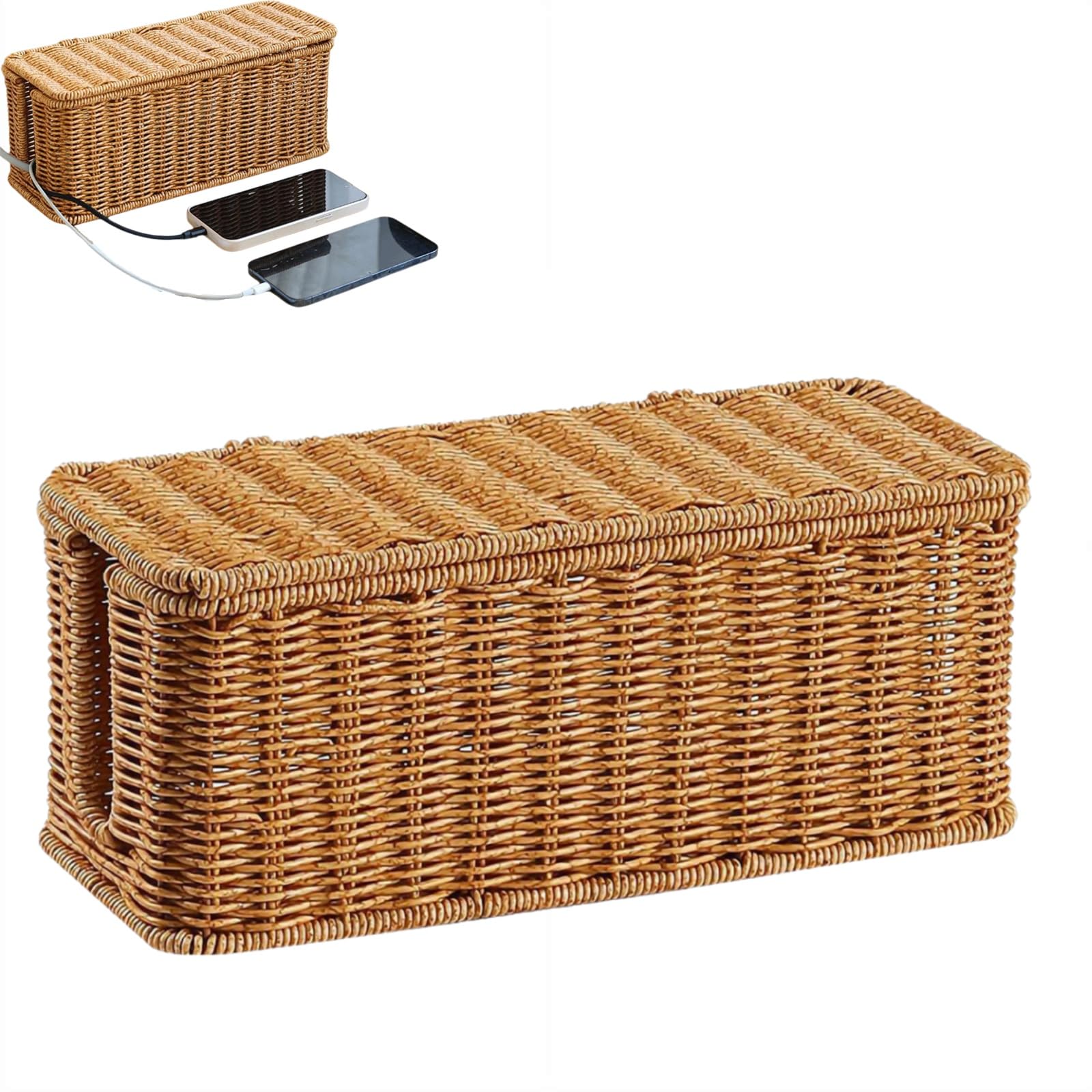 Charging Station Basket, Cable Organizer Box With Lid, Hand-woven Wire Box Hider For TV, Computer, And USB Hub Cable Management Cable Organizer Box, Charging Station Basket With Lid, Hand-woven Wire H