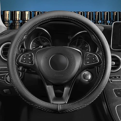 Miniatura 13 de Red Rain Funda de Volante de Cuero Negro Funda de Volante de Cuero de Vaca Cuero Genuino Funda de Volante para BMW Tamaño Universal M / 15 pulgadas