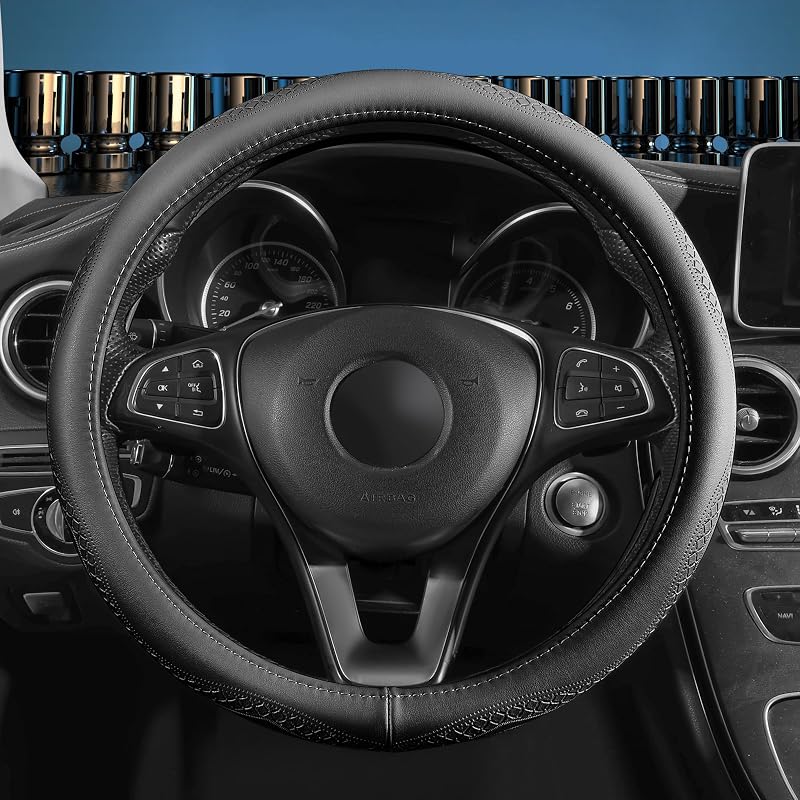 Capa para volante em couro bovino preto Red Rain para volante de 37,5 a 38,1 cm C-Black-M
