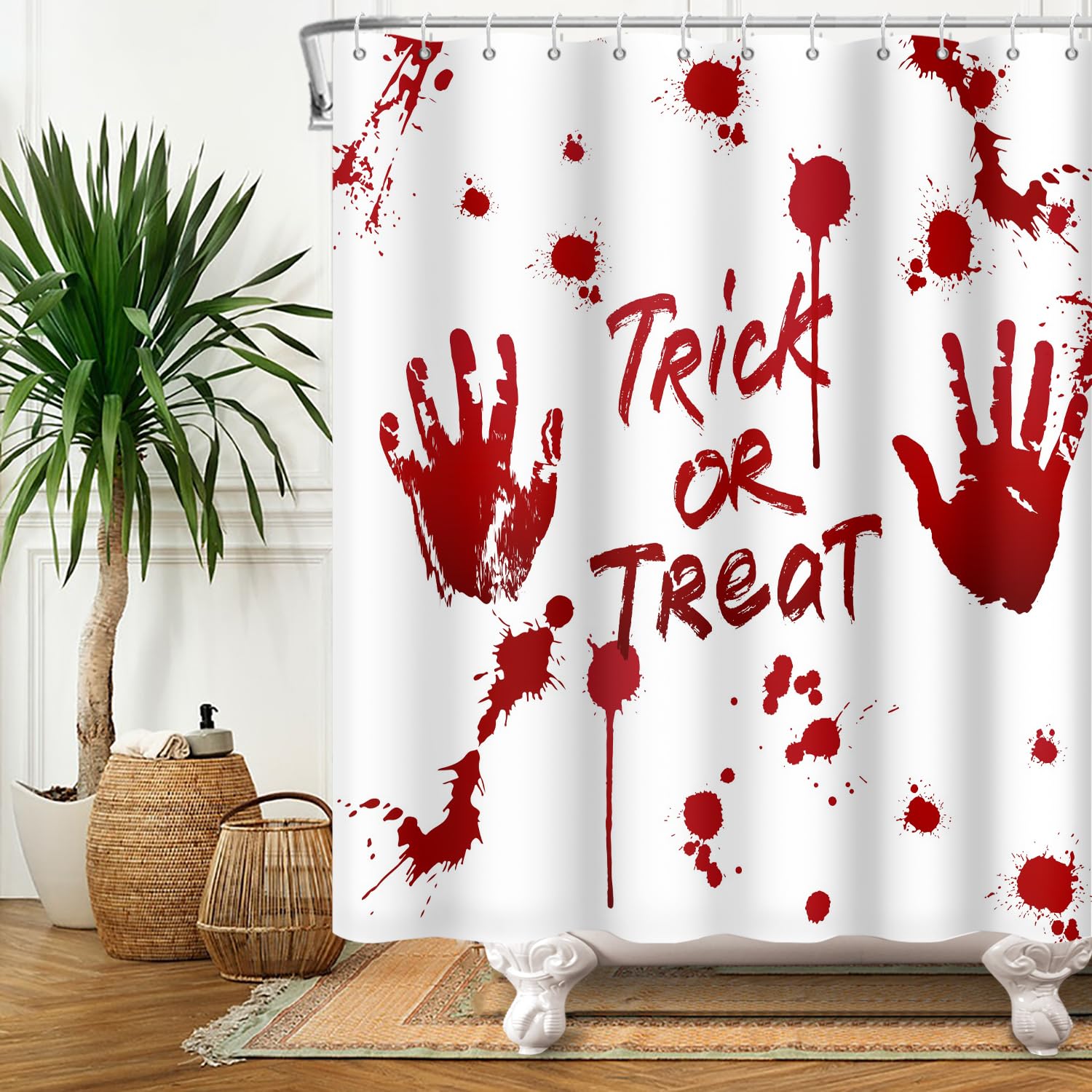 SDOTPMT 120x180cm Trick or Treat Shower Curtain Creepy Horror House Bloody Handprint White Bath Curtain Halloween Themed Bathtub Curtain for Bathroom Decor Polyester with Hooks - Image 3