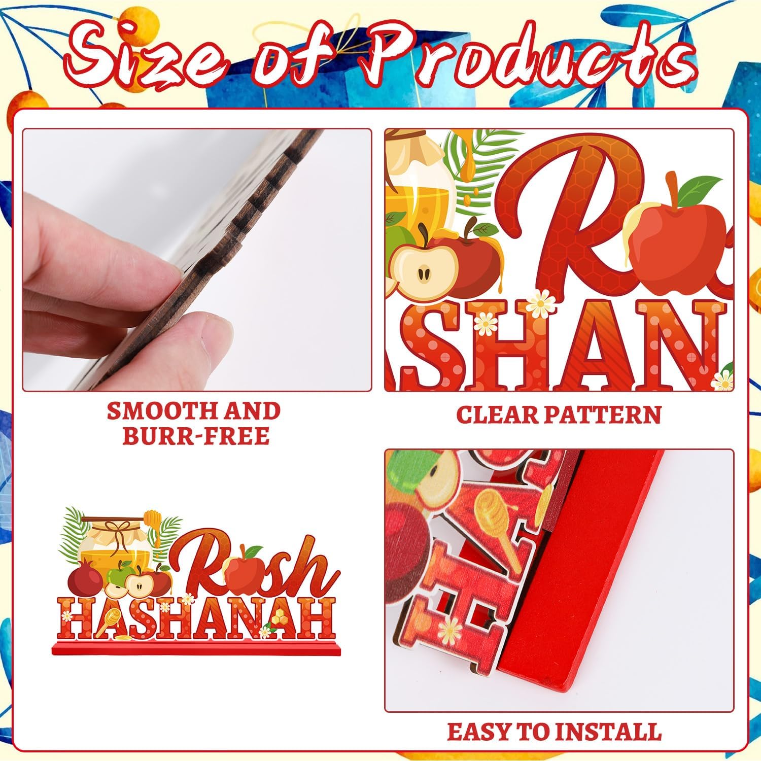 Gameza Happy Rosh Hashanah Decorations - 4PCS Wooden Rosh Hashanah Centerpieces for Party, Shana Tova Table Topper Sign Supplies, Jewish New Year Festival Party Supplies Decor