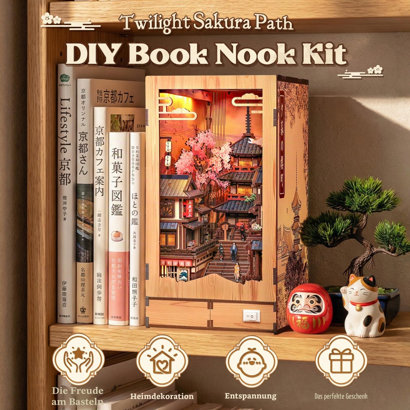 CUTE BEE Book Nook Sakura - Japanisches Booknook Kit & Miniatur Haus zum Selberbauen, DIY Miniature House mit LED-Licht, 3D Puzzle Erwachsene Bücherregal Deko Holzbausatz (Twilight Sakura Path)