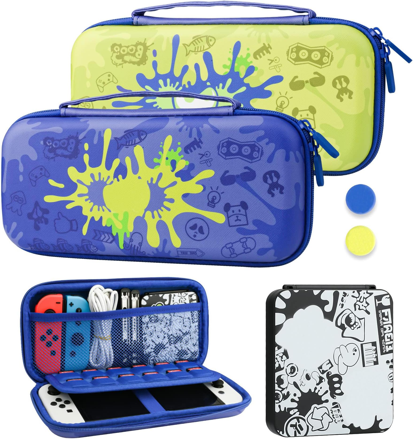 RHOTALL Blue Carrying Case for Nintendo Switch & Switch OLED Cover for splatoon 3, Hard Portable Travel bag for Switch Game Accessories Bundle Kit with Game Case and 2 Thumb Caps - for boys girls