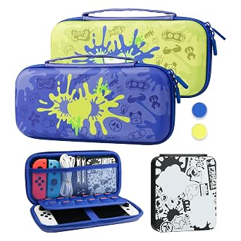 RHOTALL Blue Carrying Case for Nintendo Switch & Switch OLED Cover for splatoon 3، Hard Portable Travel bag for Switch Game Accessories مجموعة مع Game Case و 2 Thumb Caps - للبنات