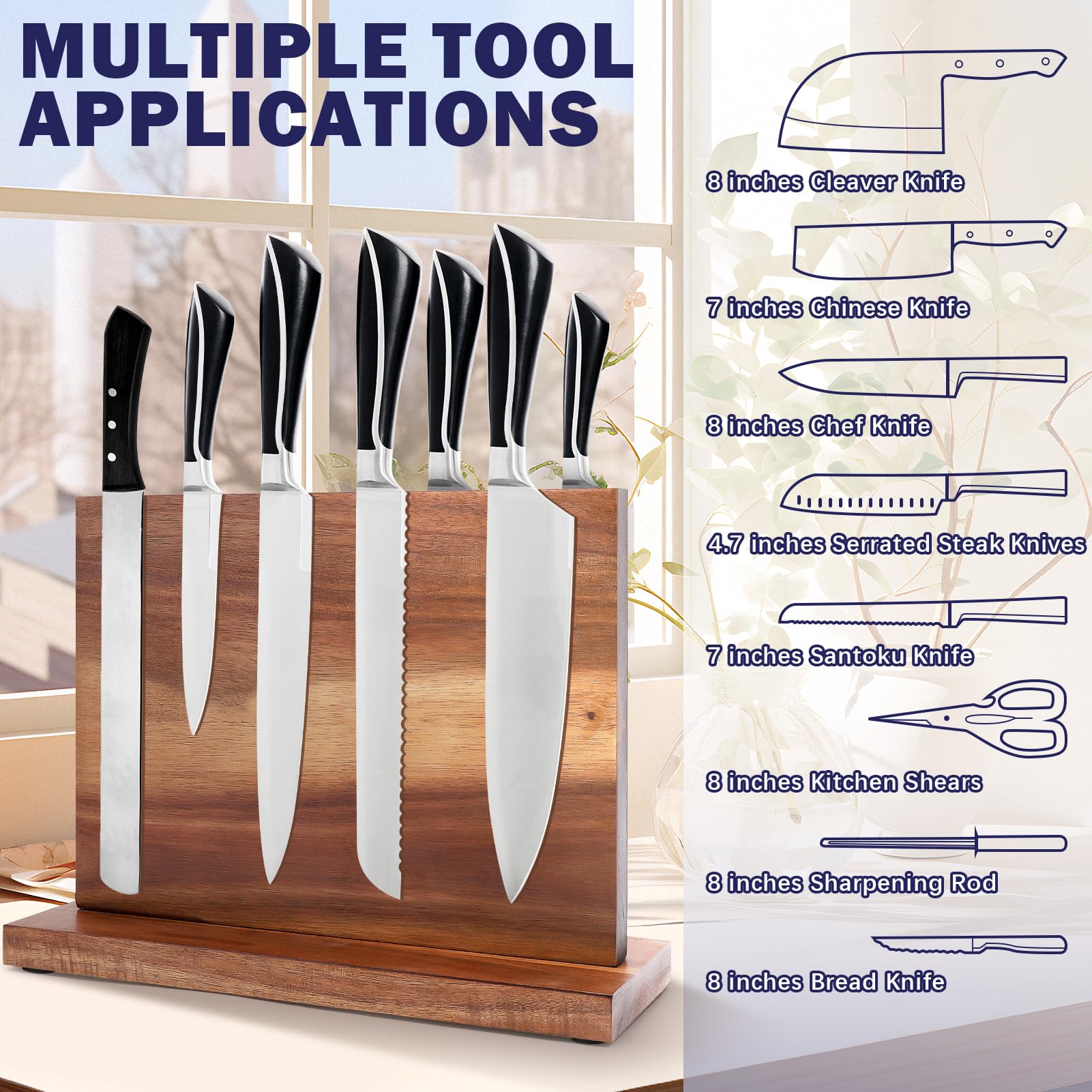 Gugxiom Double Sided Messerblock Magnetisch, Acacia Wood Magnetic Knife Holder, Magnetic Knife Block, Starken Magneten, Ohne Messer, Messerständer für Messer Präsentation und Lagerung