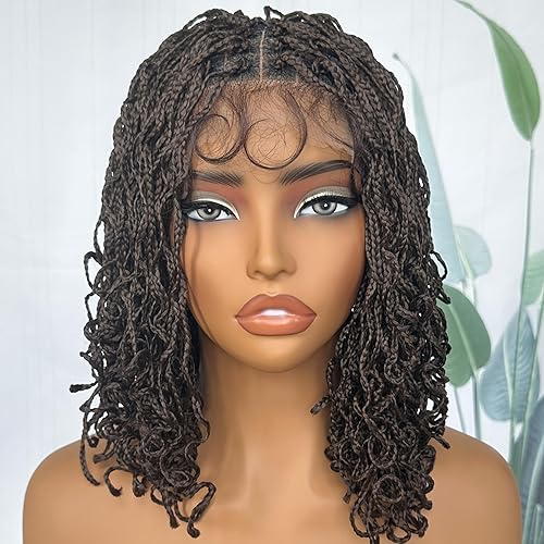 SOKU Box Braid Wig, Twist Short Braided Wigs for Black Women 4x4 Lace Front Glueless Wigs with Baby Hair 13 Inch Short Curly Synthetic Wig Ready to Wear Natural Brown Color
