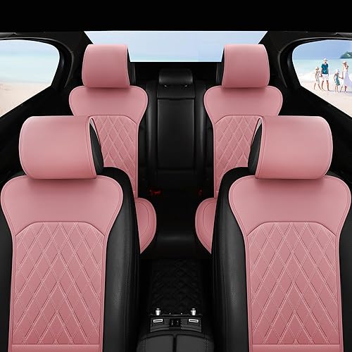 Miniatura 7 de Sanwom Fundas de asiento delantero de automóvil, fundas de asiento de cuero con bolsillo de almacenamiento y dos almohadillas para cinturón, fundas