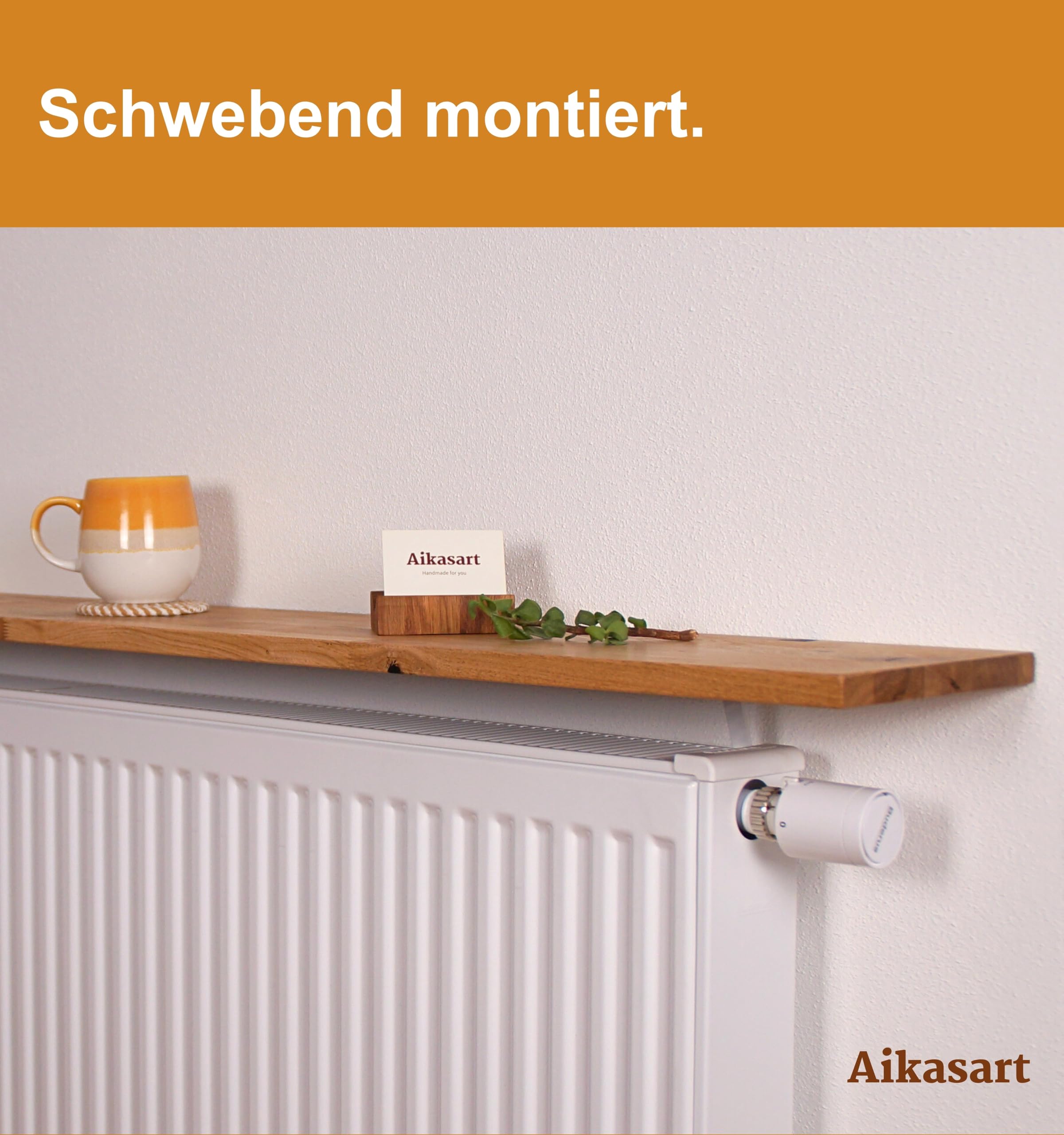 Heizungsregal Eiche Massiv – Ohne Bohren – Individuelle Länge 30-190 cm – Zum Aufstecken – Handgefertigte Ablage für Heizkörperverkleidung (Steckklemme für Plattenheizkörper, 80x20 cm)