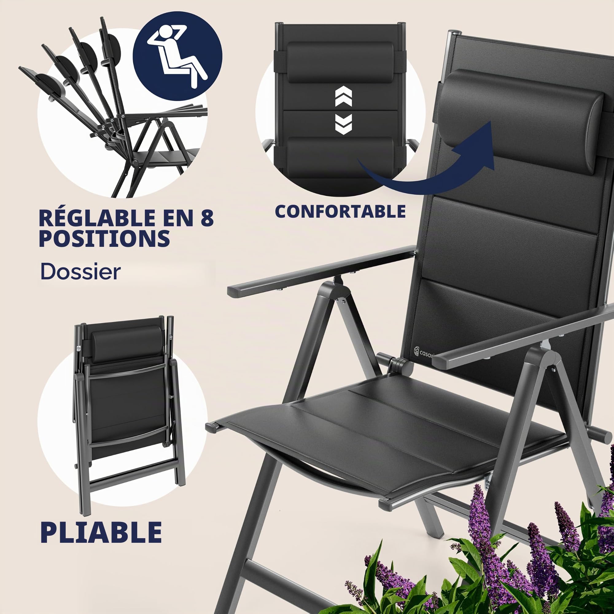 Casaria Set de 4 chaises de Jardin Aluminium Dossier réglable 8 Positions Rembourrage Max. 120kg Chaise à Dossier Haut Chaise Pliante terrasse Anthracite