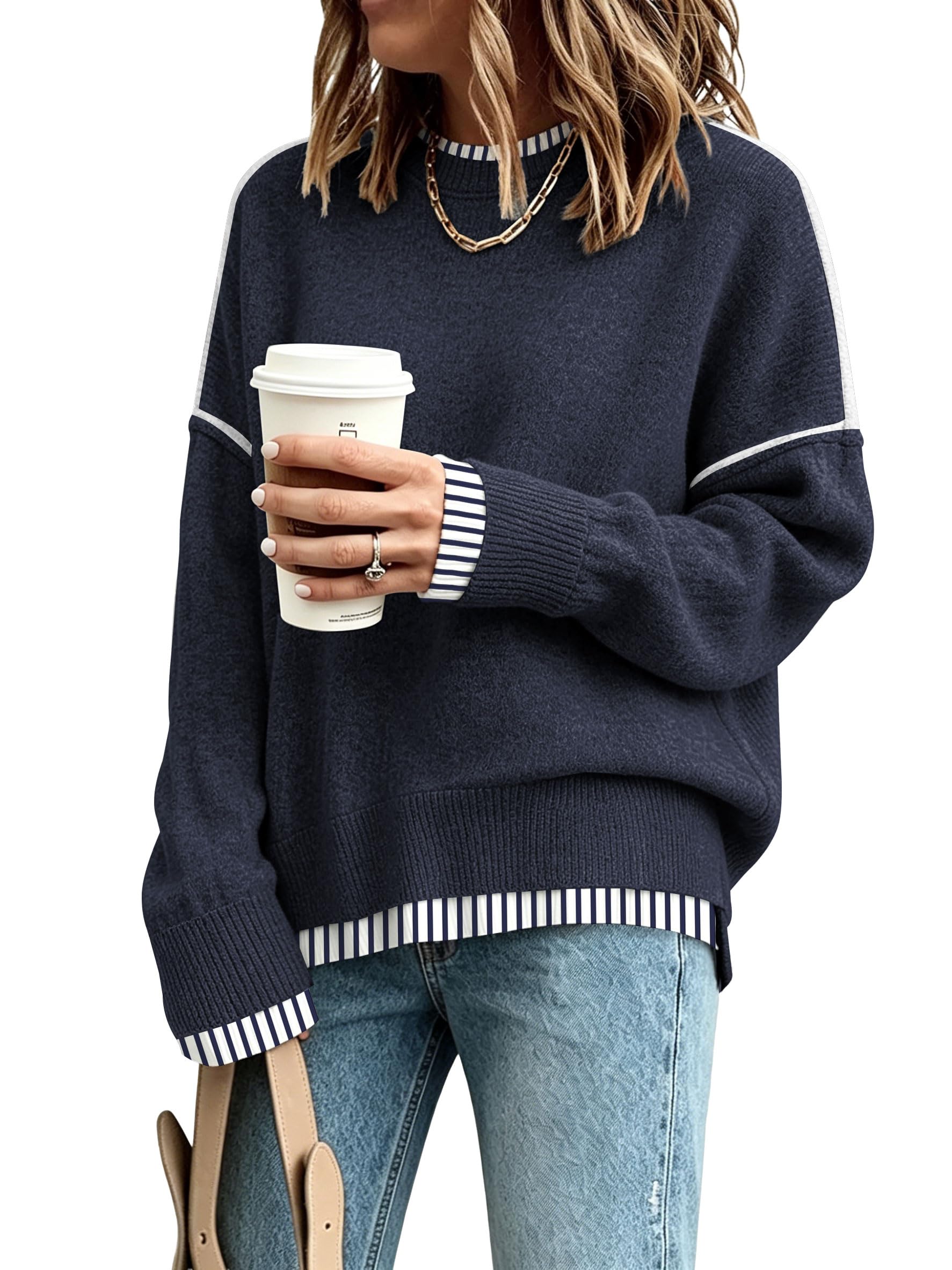 SAUKOLE Womens Sweaters Batwing Sleeve Side Slit Loose Knit Pullover Tops
