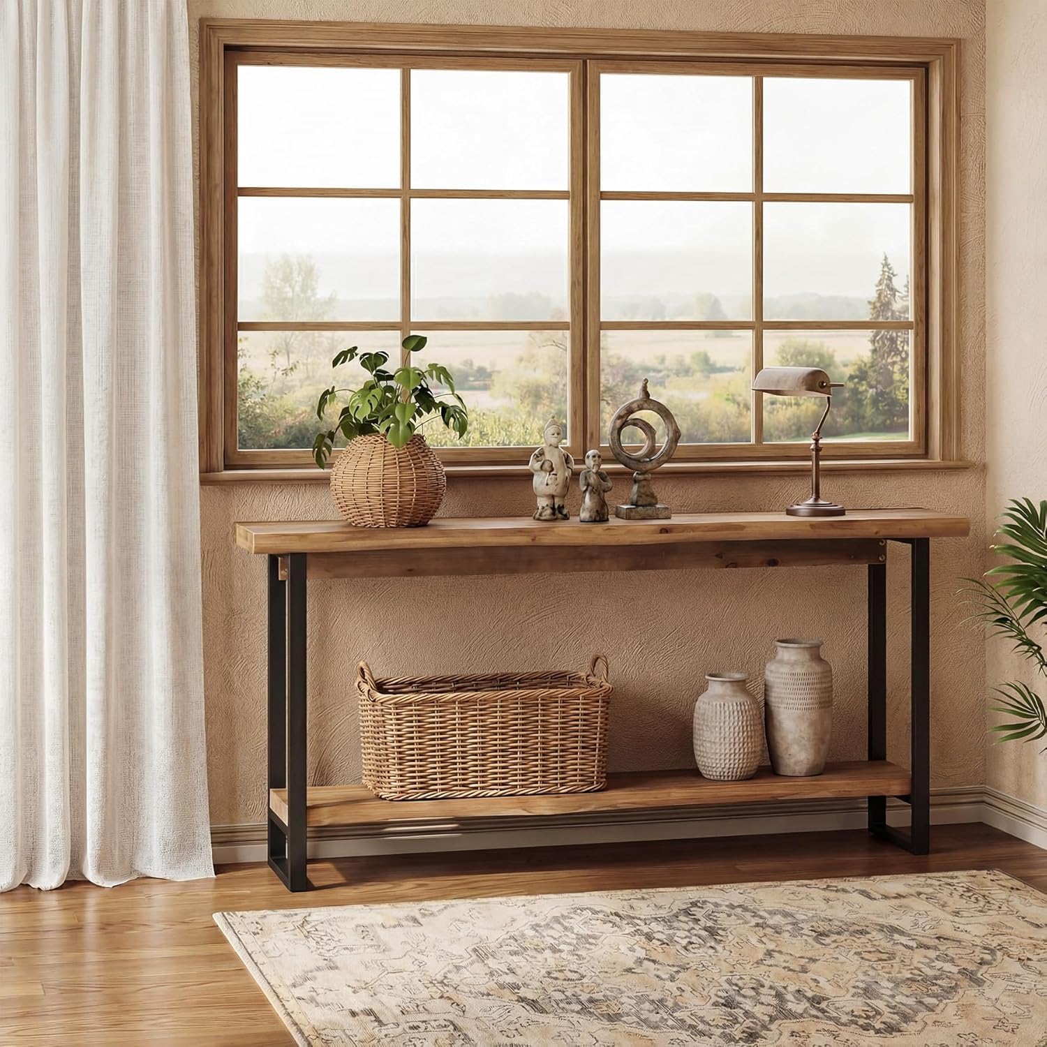 Massivholz Konsolentisch, 160cm Extra Langer Konsolentisch, 2 Stufiger Schmaler Bauernhaus Wohnzimmertisch für Eingangsbereich, Flur, Foyer, Rustikales Braun