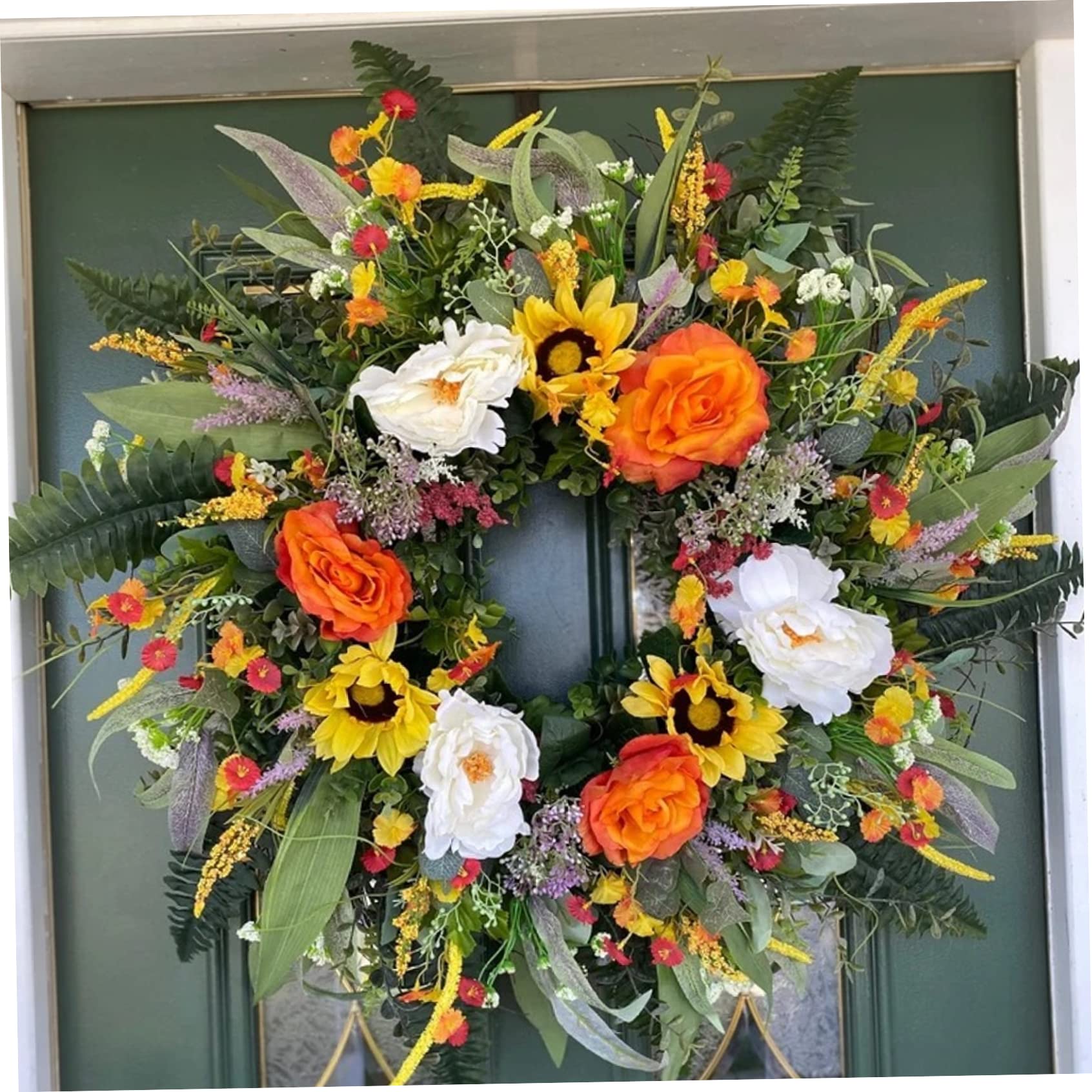 Couronne d'été Artificielle pour Porte d'entrée, Couronne de Fleurs, Guirlande décorative de Porte 'été 'Eucalyptus pour la décoration la Maison, 40cm.