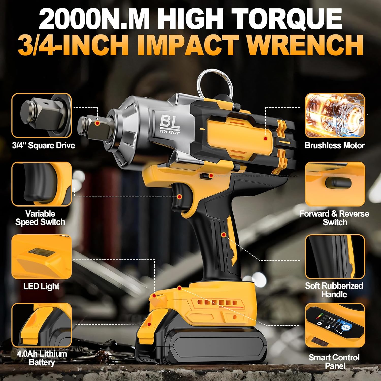 Cordless Impact Wrench 3/4" for De-Walt 20V Battery, 1475 Ft-lbs (2000N.m) High Torque power Impact Gun Heavy Duty Brushless, 3 Mode, 1/2" Impact Socket Adapter, Car Tire Truck RV Mower (No battery)