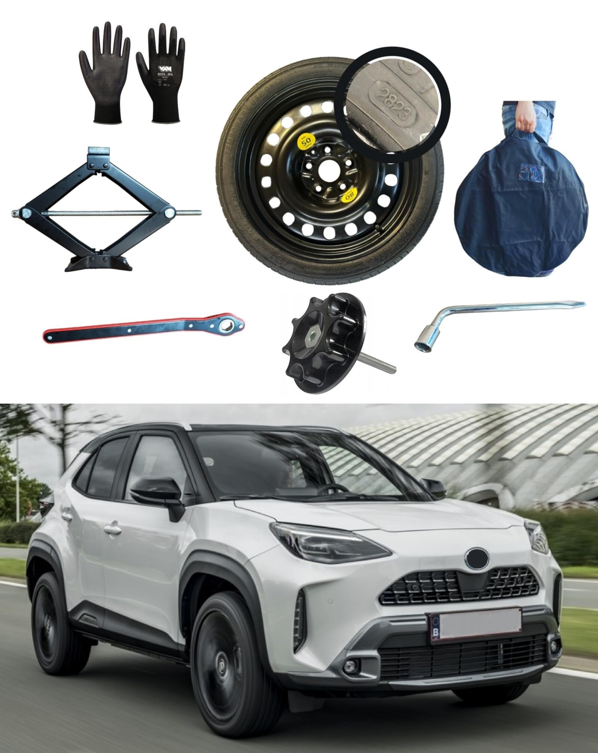 Kit Ruotino di Scorta 17" compatibile con Toyota Yaris Cross con Cric, Chiave, Vite, Guanti e Sacca