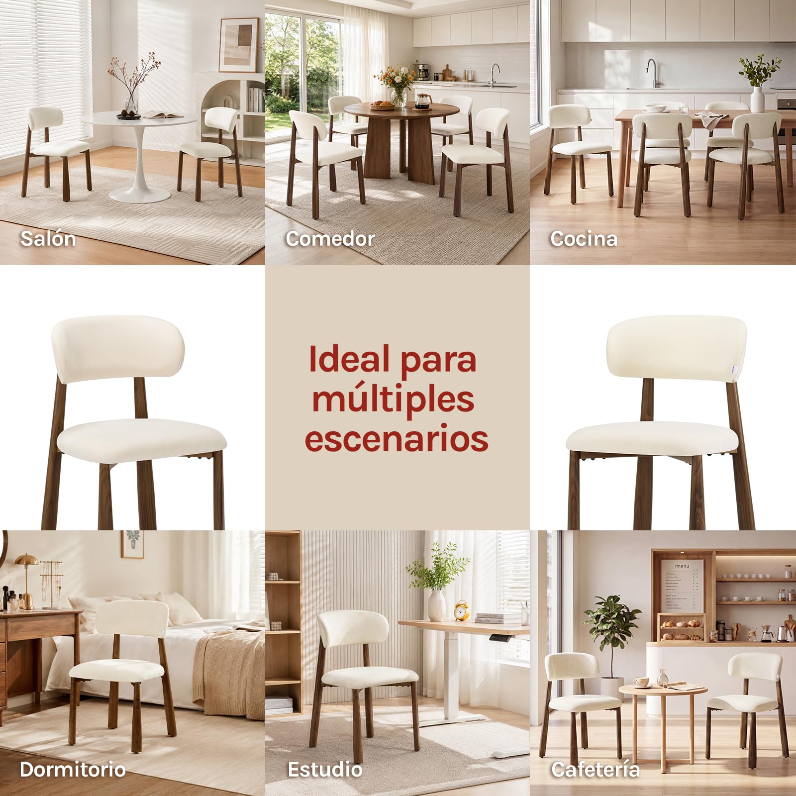WOLTU Juego de 2 Sillas de Comedor,Chenilla,Crema | Tapizada de Estilo Moderno, Patas Metálicas Imitación Madera para Comedor y Cocina