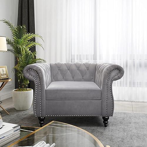 Miniatura 101 de RARZOE Sofá biplaza tradicional Chesterfield, moderno y vintage Chesterfield con botones capitoné de terciopelo con ribete de cabeza de clavo,